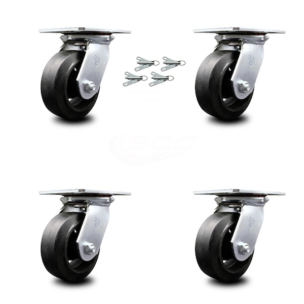 5 Inch Rubber on Steel Caster Set with Ball Bearings and Swivel Locks SCC
